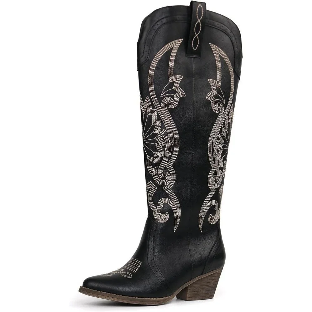 Women's Black Faux Leather Pointed Toe and Block Heel Classic Embroidered Boot